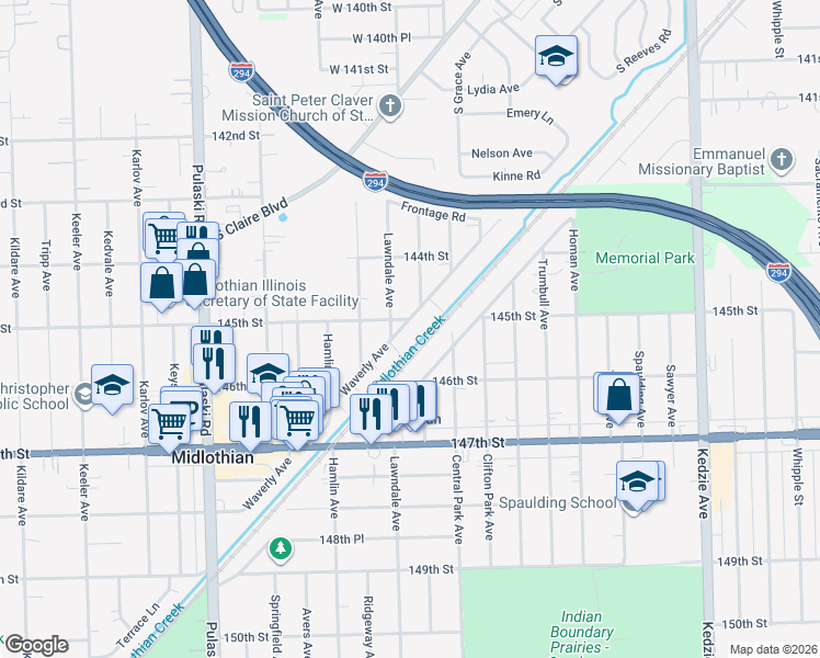 map of restaurants, bars, coffee shops, grocery stores, and more near 14503 Waverly Avenue in Midlothian