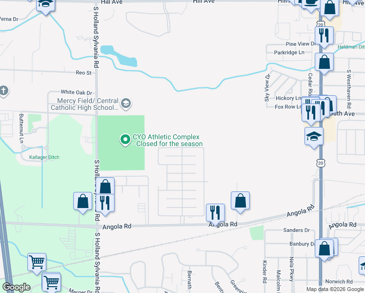 map of restaurants, bars, coffee shops, grocery stores, and more near 5702 Angola Road in Toledo