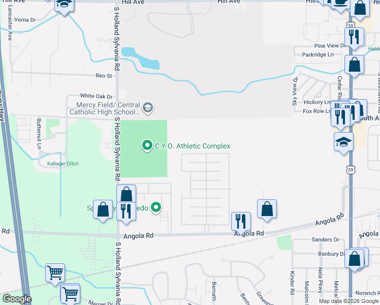 map of restaurants, bars, coffee shops, grocery stores, and more near 100-150 Fescue Street in Toledo