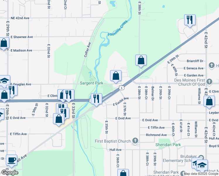 map of restaurants, bars, coffee shops, grocery stores, and more near 3520 Hubbell Avenue in Des Moines