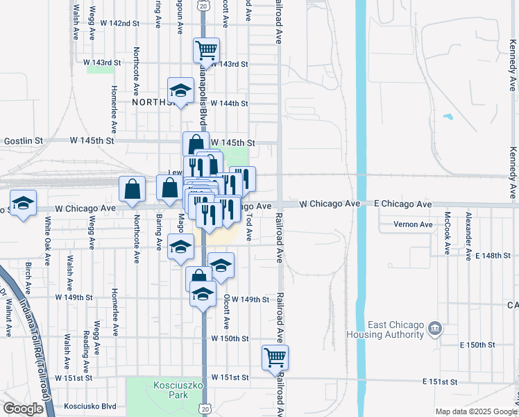 map of restaurants, bars, coffee shops, grocery stores, and more near 508 West Chicago Avenue in East Chicago