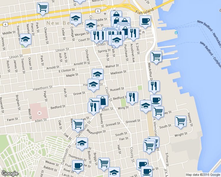 map of restaurants, bars, coffee shops, grocery stores, and more near 386 County Street in New Bedford