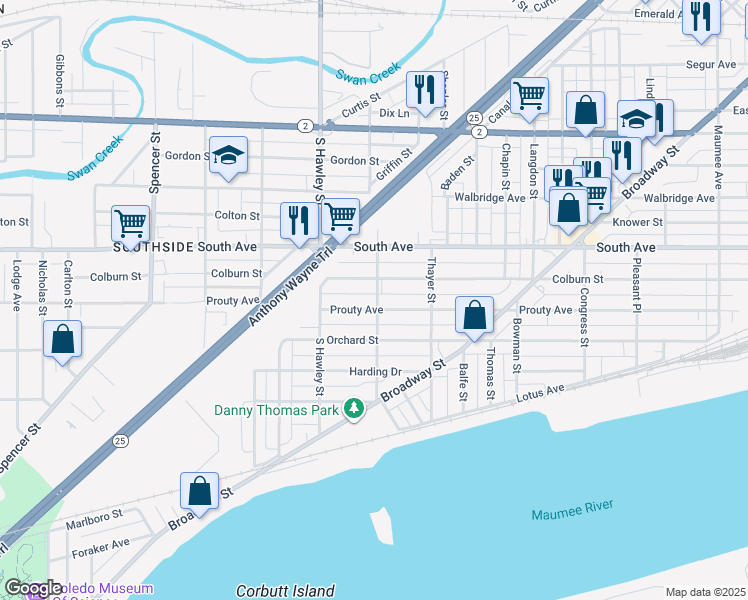 map of restaurants, bars, coffee shops, grocery stores, and more near 1001 Colburn Street in Toledo