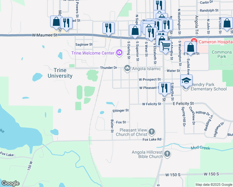 map of restaurants, bars, coffee shops, grocery stores, and more near 601 W Pleasant St in Angola