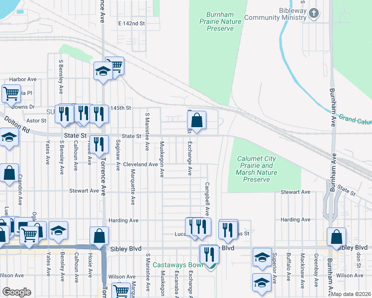 map of restaurants, bars, coffee shops, grocery stores, and more near 276 Exchange Avenue in Calumet City