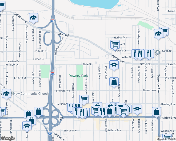 map of restaurants, bars, coffee shops, grocery stores, and more near 274 Clyde Avenue in Calumet City