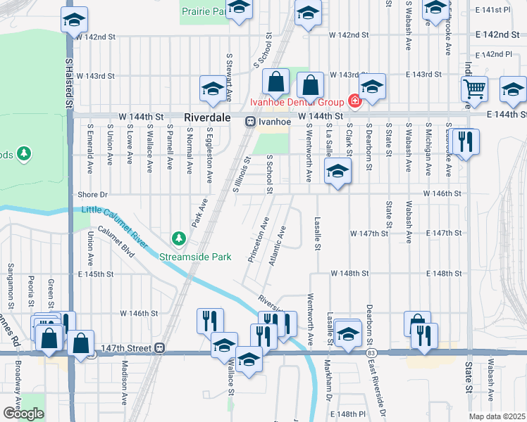 map of restaurants, bars, coffee shops, grocery stores, and more near 14616 Harvard Street in Dolton