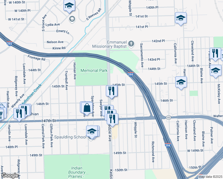 map of restaurants, bars, coffee shops, grocery stores, and more near 3143W 145th Street in Posen
