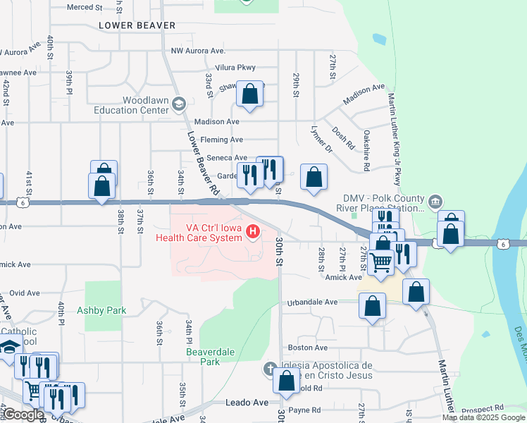 map of restaurants, bars, coffee shops, grocery stores, and more near 3025 Douglas Avenue in Des Moines