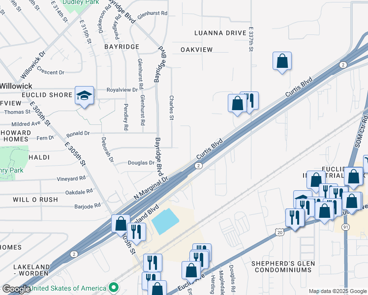 map of restaurants, bars, coffee shops, grocery stores, and more near 32000 North Marginal Drive in Willowick