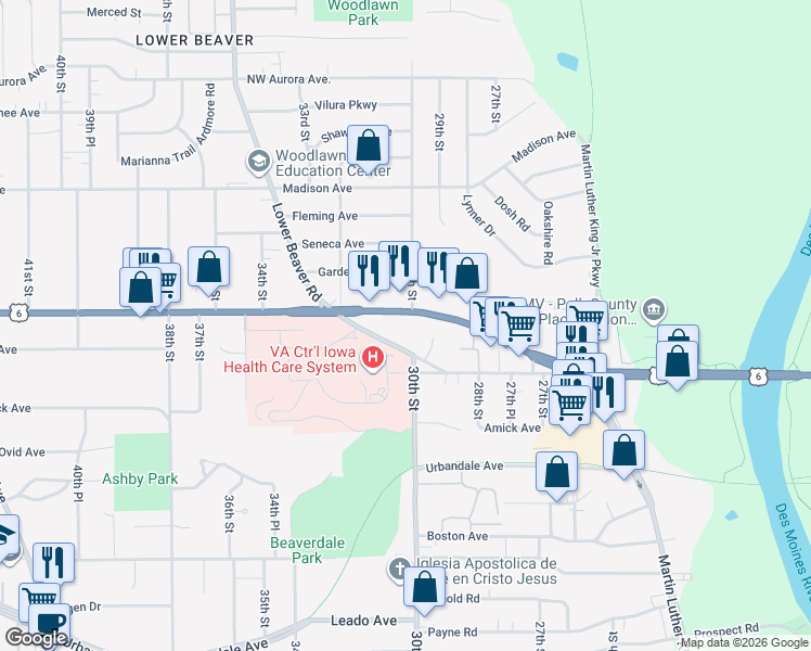 map of restaurants, bars, coffee shops, grocery stores, and more near 3000 Douglas Avenue in Des Moines