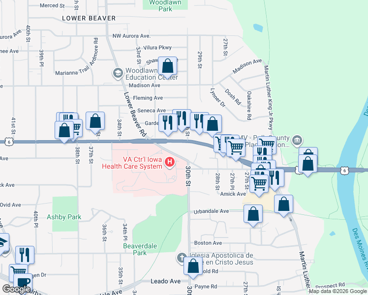 map of restaurants, bars, coffee shops, grocery stores, and more near 3005 Douglas Avenue in Des Moines