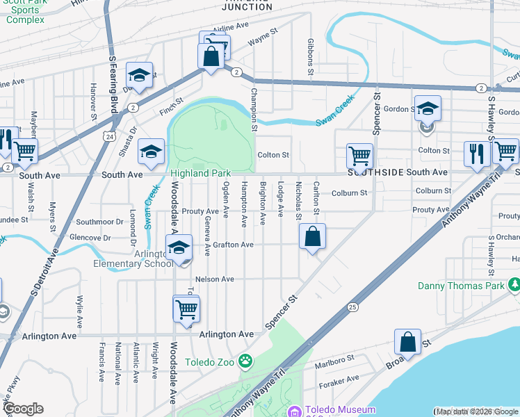 map of restaurants, bars, coffee shops, grocery stores, and more near 542 Brighton Avenue in Toledo