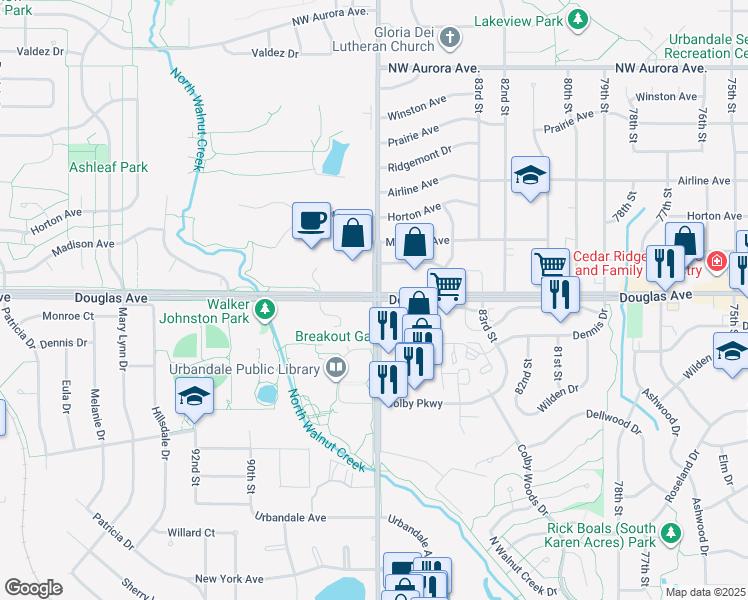 map of restaurants, bars, coffee shops, grocery stores, and more near Douglas Avenue in Urbandale