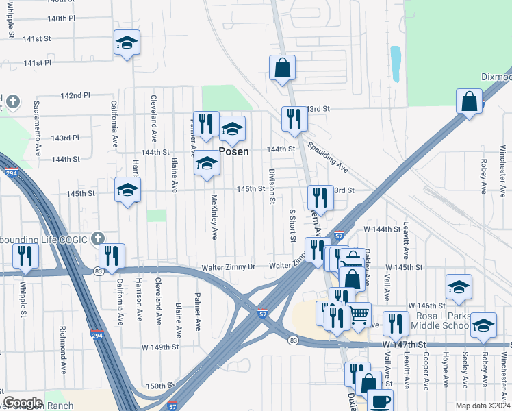 map of restaurants, bars, coffee shops, grocery stores, and more near 14508 Division Street in Posen