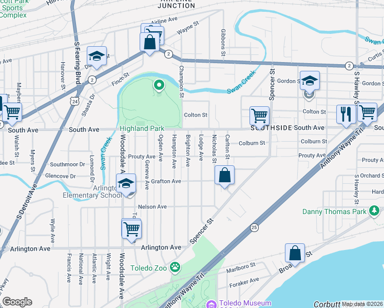 map of restaurants, bars, coffee shops, grocery stores, and more near 542 Brighton Avenue in Toledo