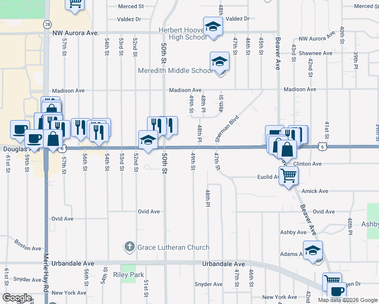 map of restaurants, bars, coffee shops, grocery stores, and more near 4902 Douglas Avenue in Des Moines