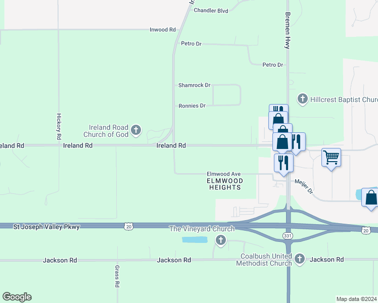 map of restaurants, bars, coffee shops, grocery stores, and more near 16448 Ireland Road in Mishawaka