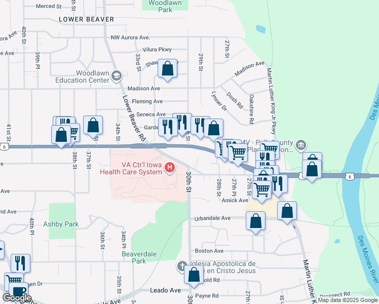 map of restaurants, bars, coffee shops, grocery stores, and more near 3005 Douglas Avenue in Des Moines