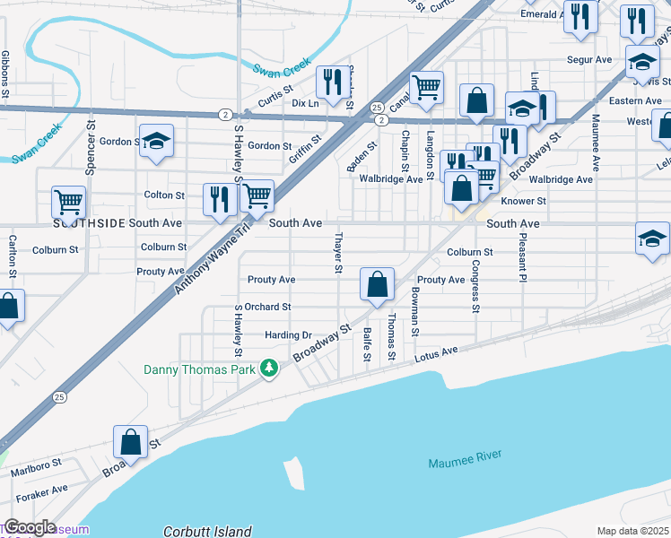 map of restaurants, bars, coffee shops, grocery stores, and more near 550 Thayer Street in Toledo
