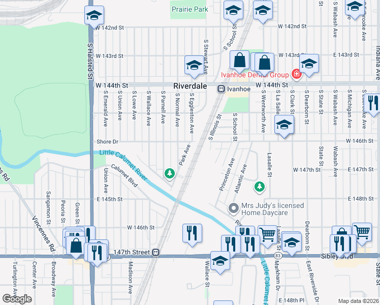 map of restaurants, bars, coffee shops, grocery stores, and more near 14307 Park Avenue in Harvey