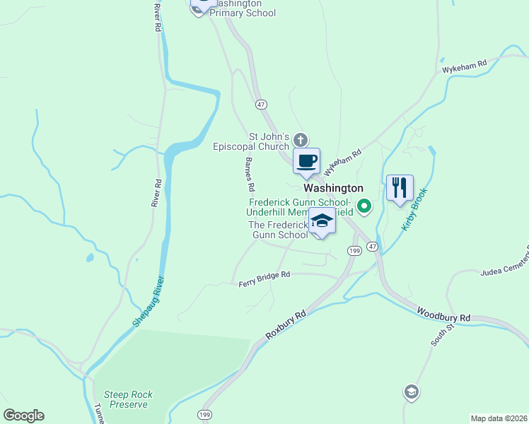 map of restaurants, bars, coffee shops, grocery stores, and more near 43 Barnes Road in Washington