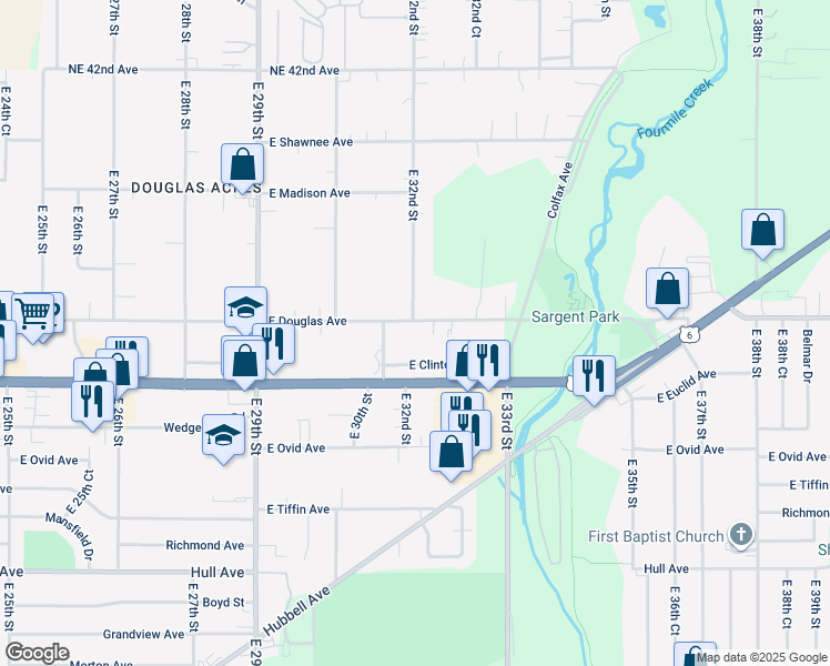 map of restaurants, bars, coffee shops, grocery stores, and more near 3203 East Douglas Avenue in Des Moines
