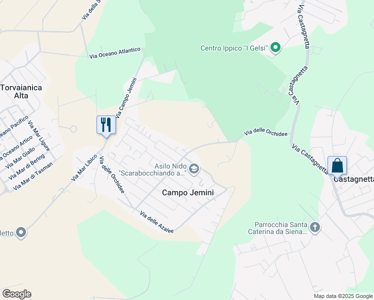 map of restaurants, bars, coffee shops, grocery stores, and more near 12 Via delle Orchidee in Campo Jemini