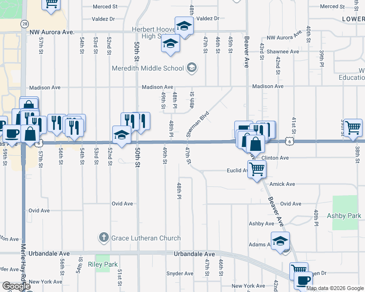 map of restaurants, bars, coffee shops, grocery stores, and more near 4710 Douglas Avenue in Des Moines