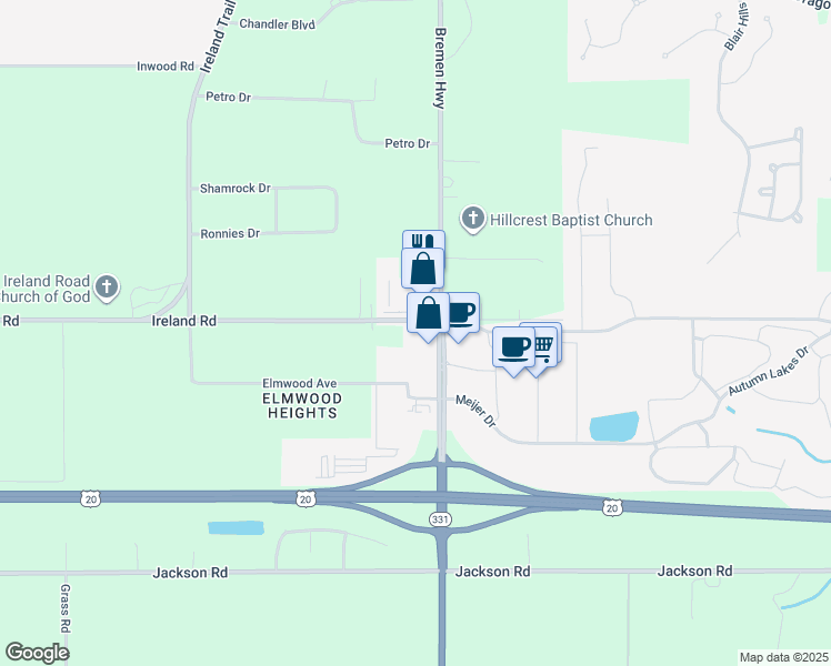 map of restaurants, bars, coffee shops, grocery stores, and more near 16038-16050 Ireland Road in Mishawaka