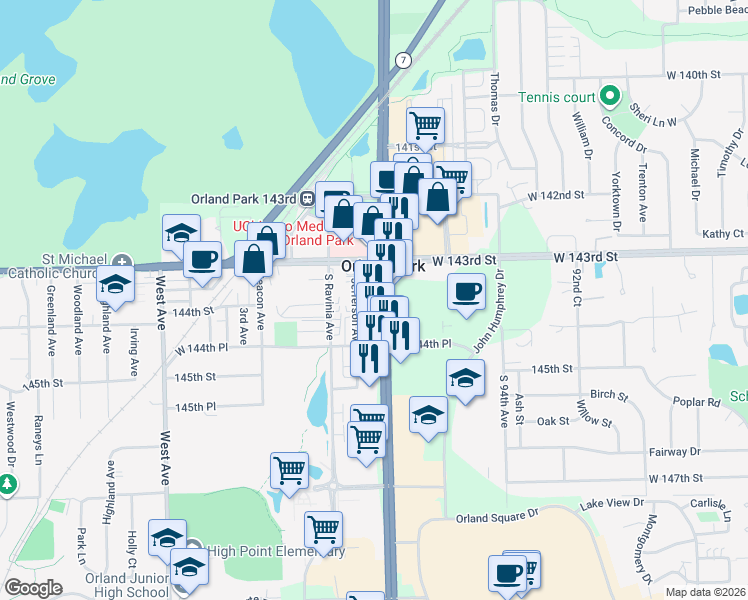 map of restaurants, bars, coffee shops, grocery stores, and more near 14328 Jefferson Avenue in Orland Park