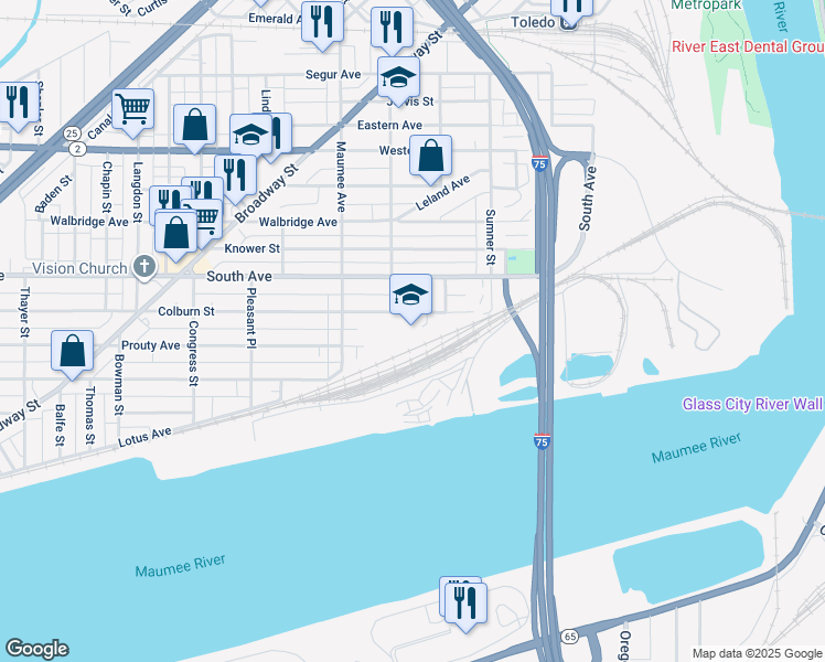 map of restaurants, bars, coffee shops, grocery stores, and more near 415 Colburn Street in Toledo