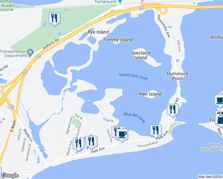 map of restaurants, bars, coffee shops, grocery stores, and more near 337 Riverside Street in Portsmouth