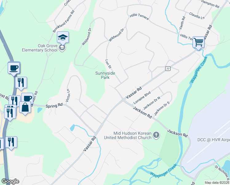 map of restaurants, bars, coffee shops, grocery stores, and more near 5 North Jackson Road in Poughkeepsie
