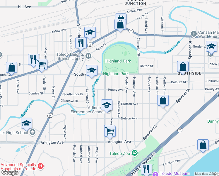 map of restaurants, bars, coffee shops, grocery stores, and more near 542 Toronto Avenue in Toledo