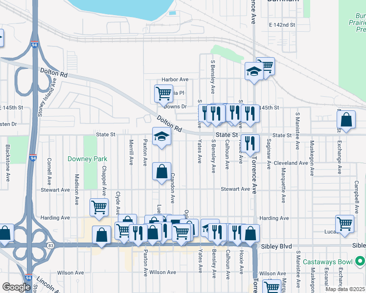 map of restaurants, bars, coffee shops, grocery stores, and more near 274 Oglesby Avenue in Calumet City