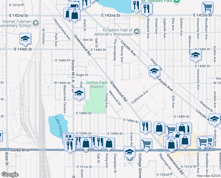 map of restaurants, bars, coffee shops, grocery stores, and more near 14551 Sanderson Avenue in Dolton