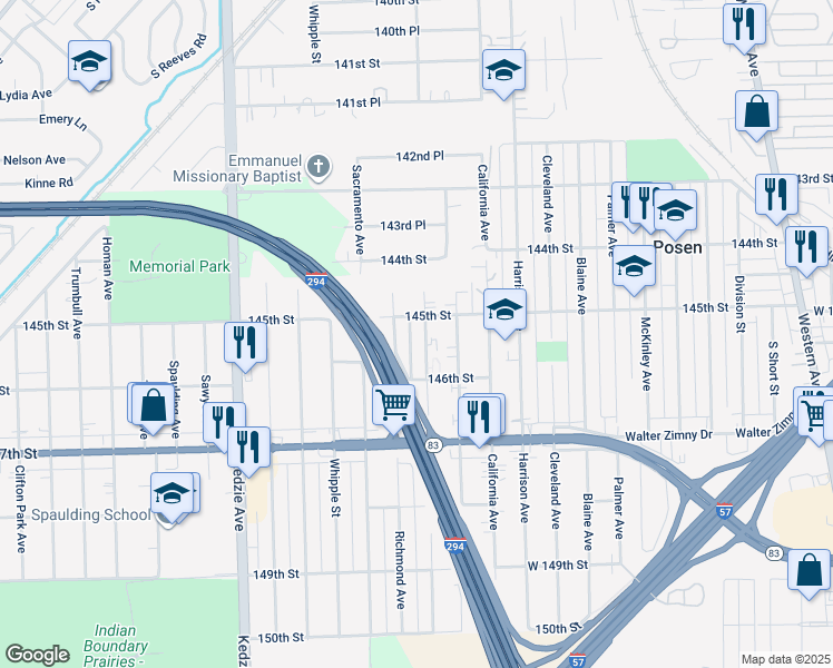 map of restaurants, bars, coffee shops, grocery stores, and more near 14500 San Francisco Avenue in Posen