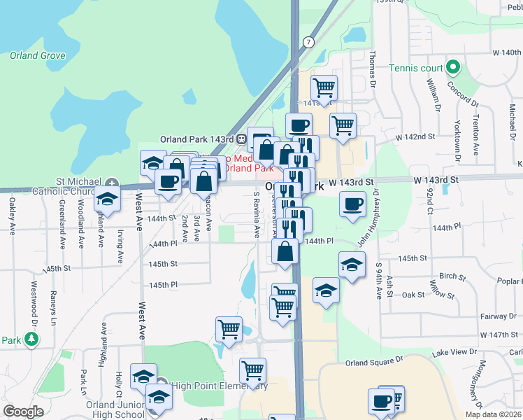 map of restaurants, bars, coffee shops, grocery stores, and more near 14310 Ravinia Avenue in Orland Park