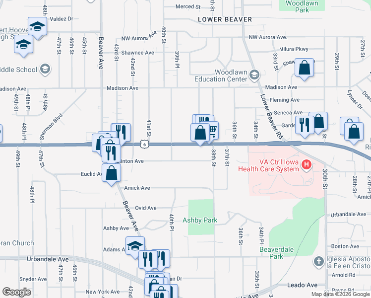 map of restaurants, bars, coffee shops, grocery stores, and more near 3916 Douglas Avenue in Des Moines