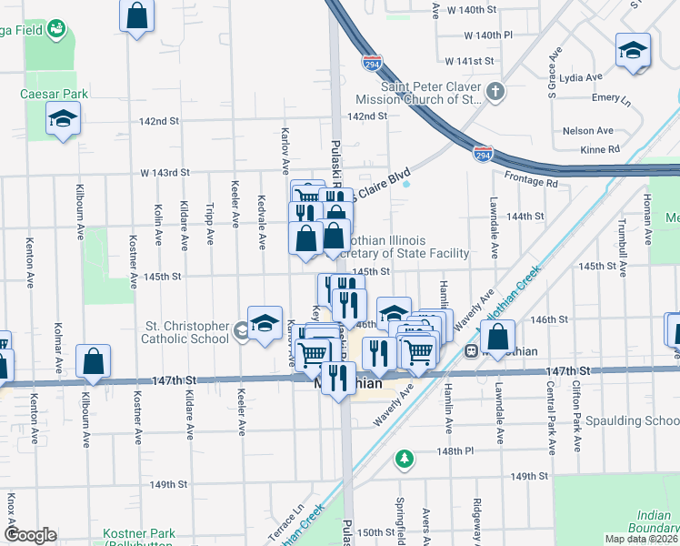 map of restaurants, bars, coffee shops, grocery stores, and more near Pulaski Road & 145th Street in Midlothian