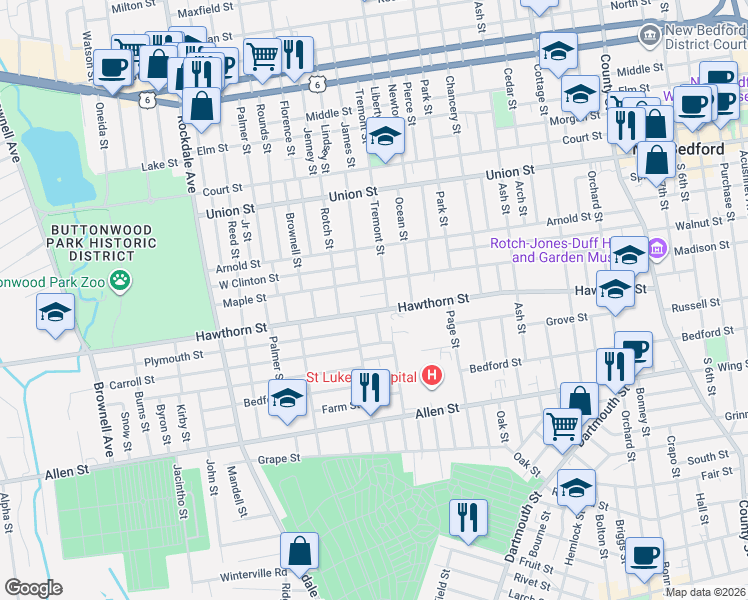 map of restaurants, bars, coffee shops, grocery stores, and more near 19 Mapleview Terrace in New Bedford