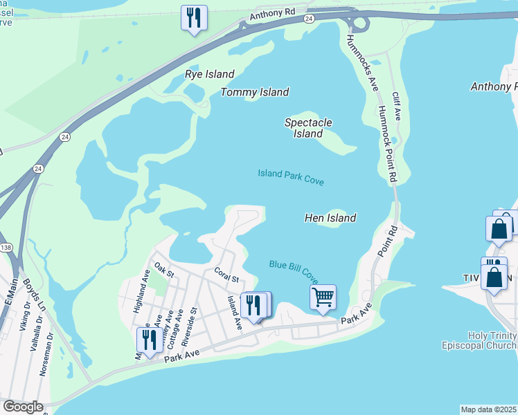 map of restaurants, bars, coffee shops, grocery stores, and more near 307 Riverside St in Portsmouth