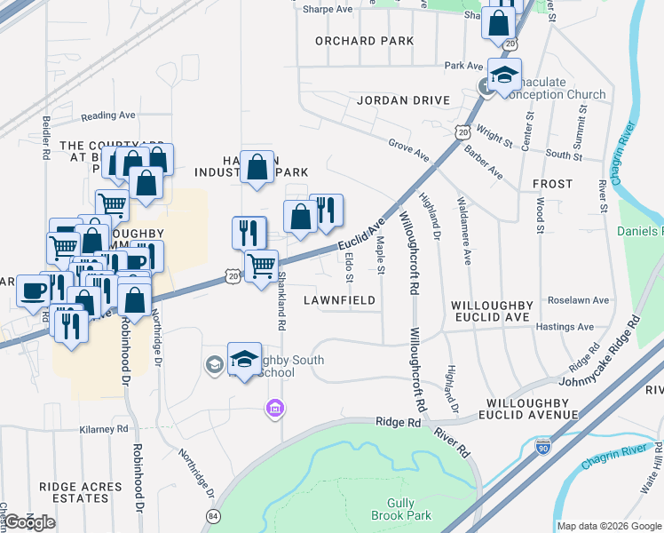map of restaurants, bars, coffee shops, grocery stores, and more near 37398 Euclid Avenue in Willoughby