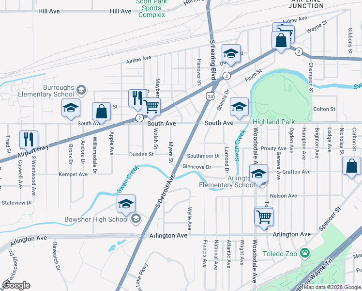 map of restaurants, bars, coffee shops, grocery stores, and more near 552 South Detroit Avenue in Toledo