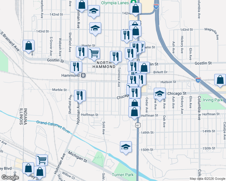 map of restaurants, bars, coffee shops, grocery stores, and more near 4622 Henry Avenue in Hammond