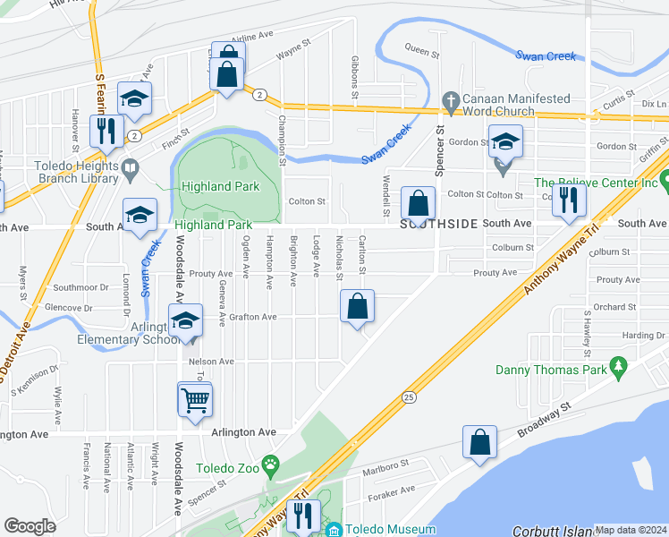 map of restaurants, bars, coffee shops, grocery stores, and more near 552 Nicholas Street in Toledo