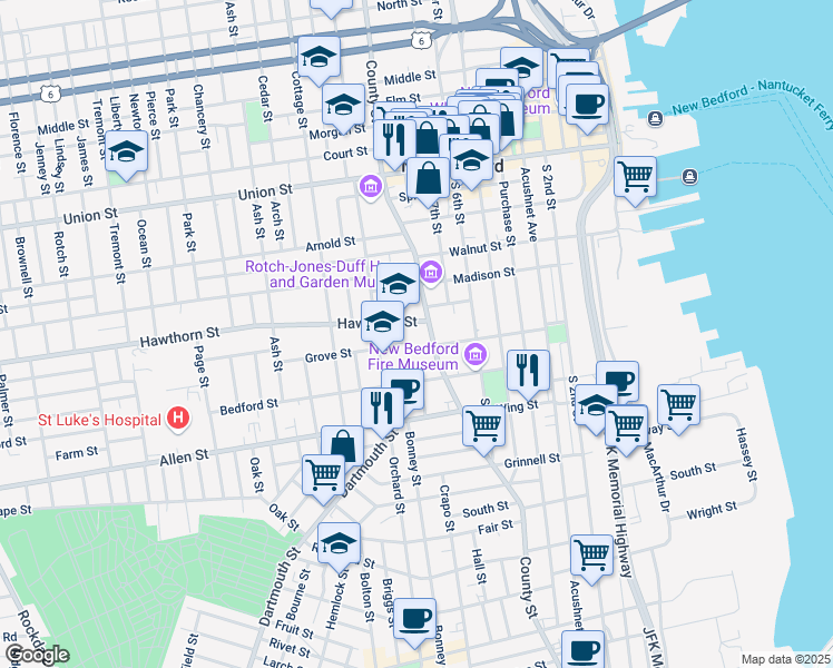 map of restaurants, bars, coffee shops, grocery stores, and more near 385 County St in New Bedford