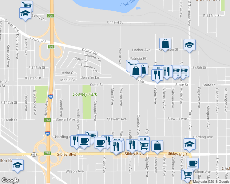 map of restaurants, bars, coffee shops, grocery stores, and more near 283 Merrill Avenue in Calumet City