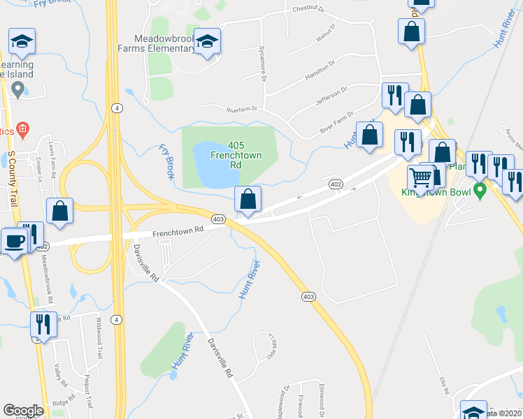 map of restaurants, bars, coffee shops, grocery stores, and more near 335 Frenchtown Road in East Greenwich